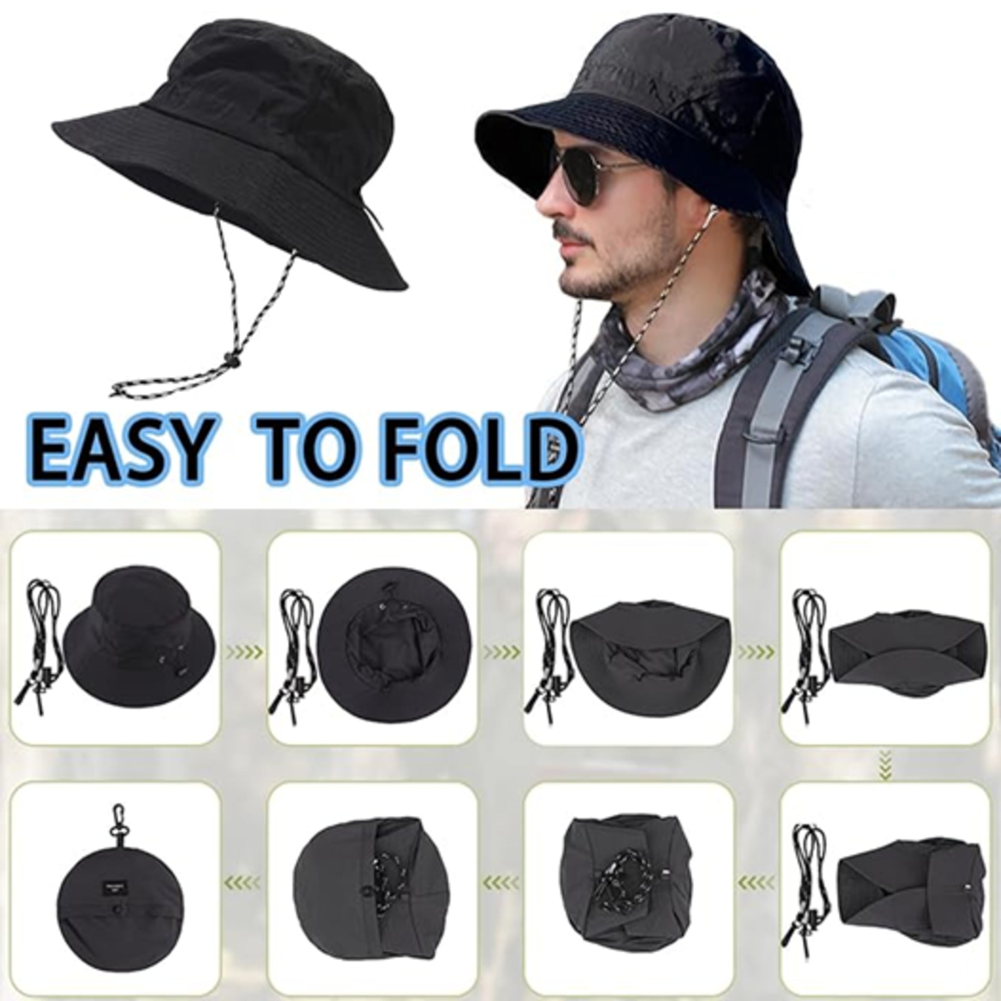 Unisex foldable bucket hat with chin strap – wide brim sun hat for outdoor hiking, fishing, camping – packable design